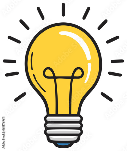 Bright yellow light bulb with radiating lines symbolizing a new idea or inspiration