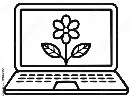 Laptop screen displays blooming flower and leaves in simple line art illustration