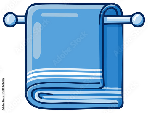 Cartoon blue towel hanging on a towel bar, fresh and clean cloth in bathroom