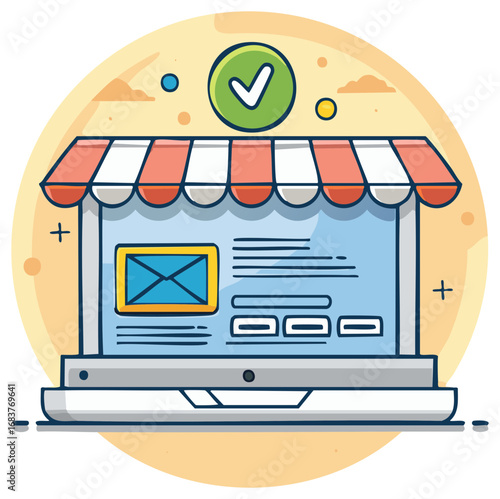 Laptop Displaying Online Storefront, Checkmark Icon, Shopping Website, Digital Shop