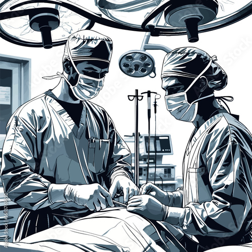 Vector outline of surgeons in operating room minimalist medical illustration monochrome style
