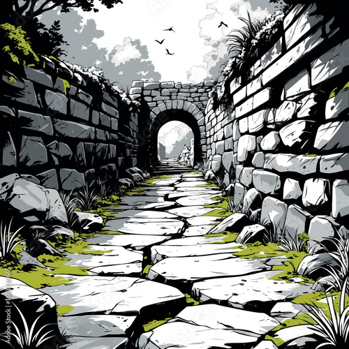 Ancient stone road outline. Fantasy pathway sketch with cracks and natural details.