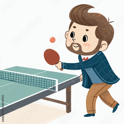 Stylish bearded man in a suit playing table tennis.