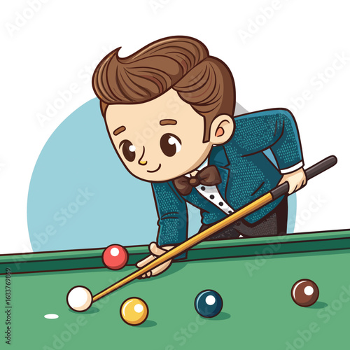 Stylish cartoon man playing a game of billiards.