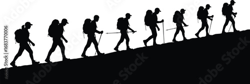 Group hiking silhouettes on slope, outdoor trekking adventure, mountain climbing teamwork, backpacking expedition art, wilderness travel scene, nature sport activity, endurance challenge concept