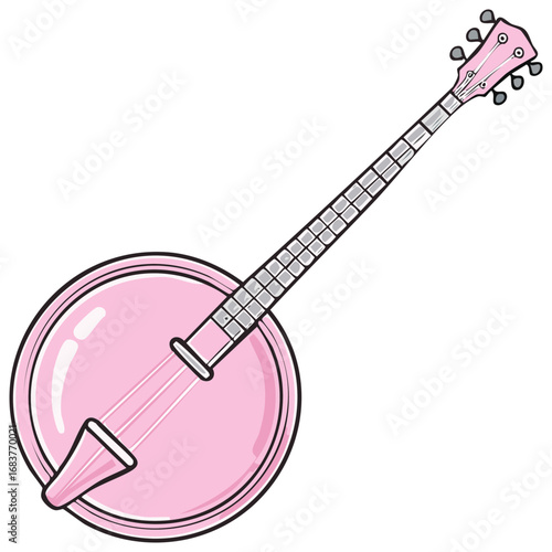 Pink banjo musical instrument, cartoon style illustration
