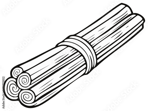 Outlined cartoon illustration of aromatic spice cinnamon sticks tied in a bundle