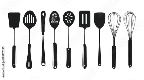 Kitchen Utensils Set in Black Silhouette Design on White Background Culinary Tools for Home Cooking and Baking