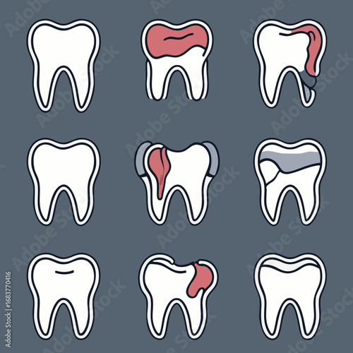 Dental problems outline icon set. Vector illustrations of common oral health issues.