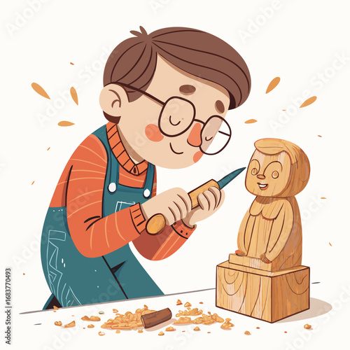 Young Artisan Carving a Wooden Sculpture.