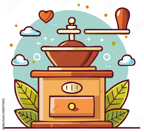 Vintage Coffee Grinder Illustration with Heart and Clouds Against a Pastel Background for Creative Design