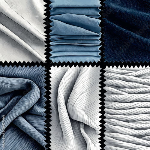 Fabric textures outline swatch collection. Vector line drawing showing detailed patterns of different textile materials from silk to denim.
