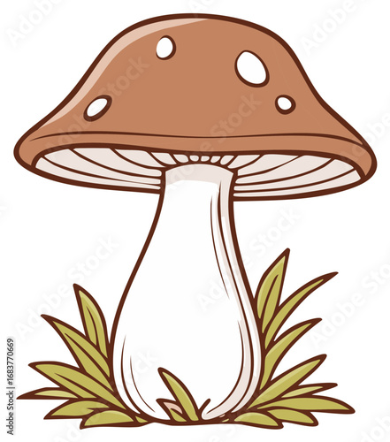 A simple cartoon illustration of a cute brown spotted mushroom growing in green grass