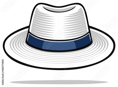 Elegant white panama style hat with a distinctive blue ribbon band and shadow