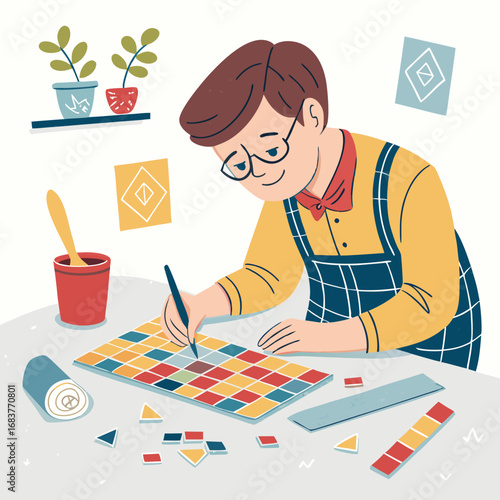 Young artist meticulously creating a colorful mosaic tile artwork at his desk.