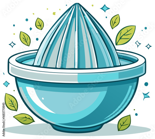 Fruit juicer with leaves, tool for juicing citrus fruits, turquoise vector illustration