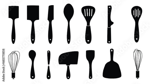 Kitchen Utensils Silhouettes on White Background featuring Spatulas Spoons Whisks and other Cookware Tools for Culinary Arts