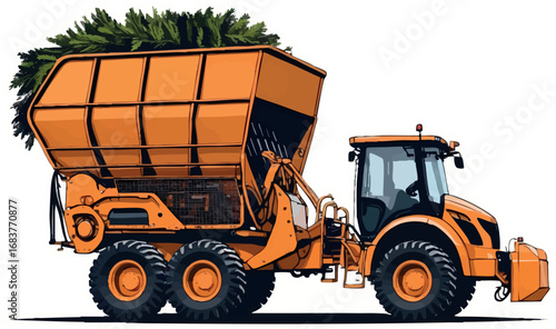 Forestry mulcher outline vector. Side view with rotating drum in minimal sketch style