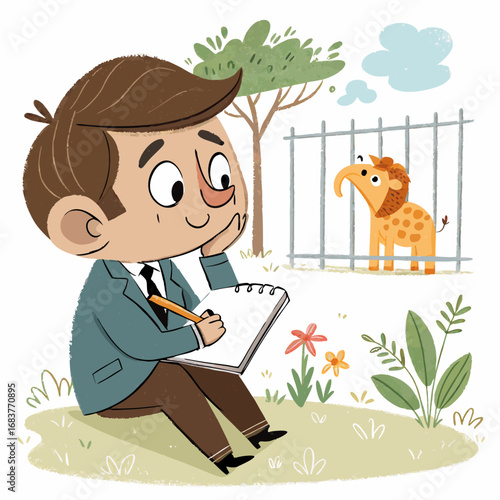 Young artist sketching an imaginary creature from his imagination.