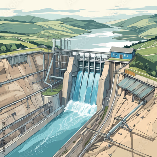 Hydroelectric dam infrastructure outline. Vector drawing of water energy facility