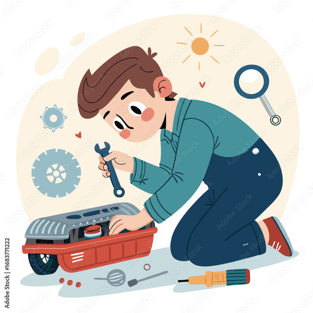 Fototapeta premium Young boy in overalls fixing a mechanical toy car.