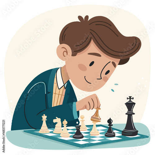 Young boy in a suit playing a game of chess.