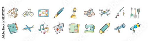 Hobbies and leisure activities doodle icons set - Collection of hand drawn hobby doodle icons featuring cycling, chess, painting, fishing, music, reading, sewing, skateboarding, and stargazing.
