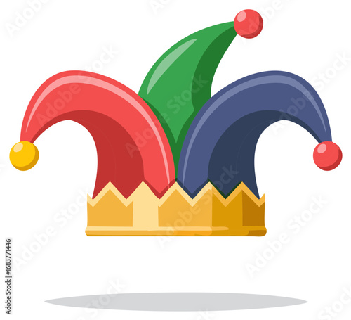 Colorful jester hat with three points and dangling red balls festive headwear