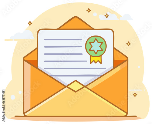 Cartoon Email Invitation with Star Medal Certificate for Award and Recognition