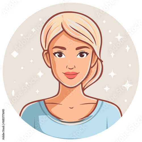 Happy blonde woman with sparkling eyes and a friendly smile in a circle portrait