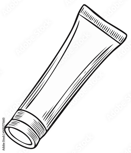 Hand drawn illustration of a squeezed cosmetic tube container with ribbed cap