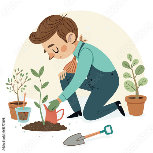 Young gardener carefully planting a small sapling in the soil.