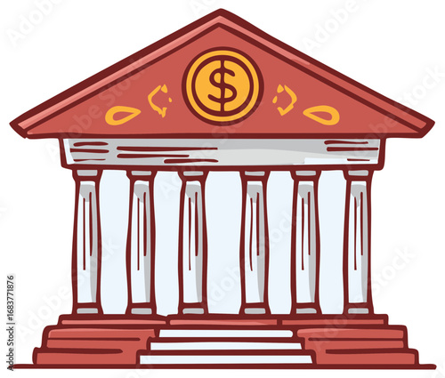 Cartoon Bank Building with Columns and Dollar Sign Illustration