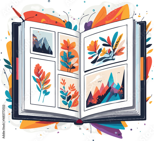 Professional Portfolio Showcase Outline Illustration. Open Book Displaying Artwork Samples in Minimalist Line Style.