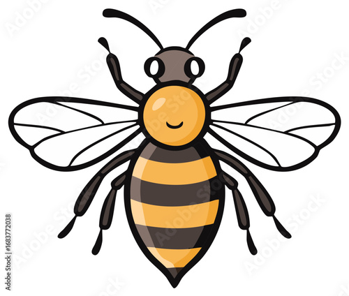 Cartoon honeybee illustration with black outline and stripes, cheerful simple drawing