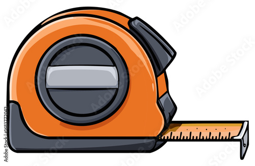 Cartoon Illustration of an Orange and Gray Retractable Tape Measure Tool