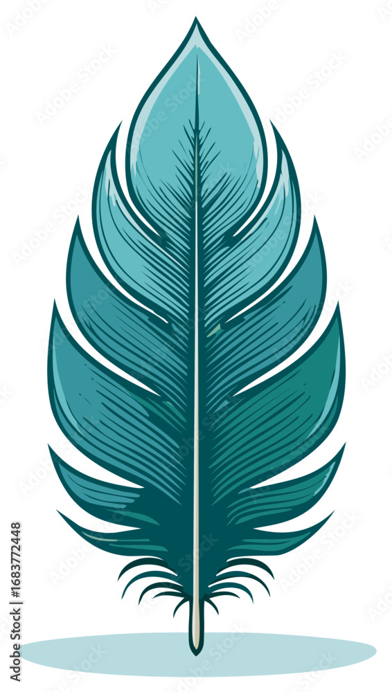 Fototapeta premium Beautiful vibrant teal blue green feather illustration decorative graphic element