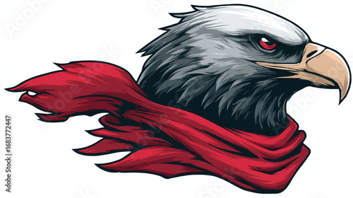 Majestic Eagle with Piercing Red Eyes and Flowing Red Scarf Symbolizing Strength and Freedom
