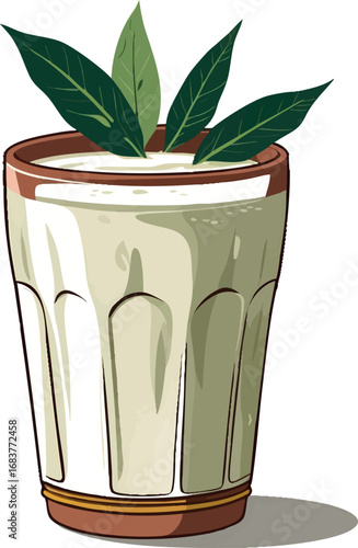 Buttermilk outline vector. Traditional Indian chaas drink with clay glass in linear style.