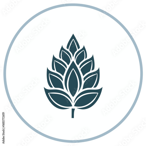 Botanical illustration of a hops flower in a circular frame