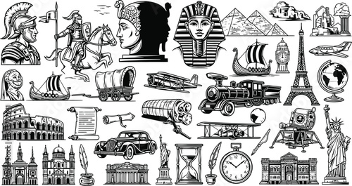 Historical black and white drawings of various monuments and modes of transportation from history