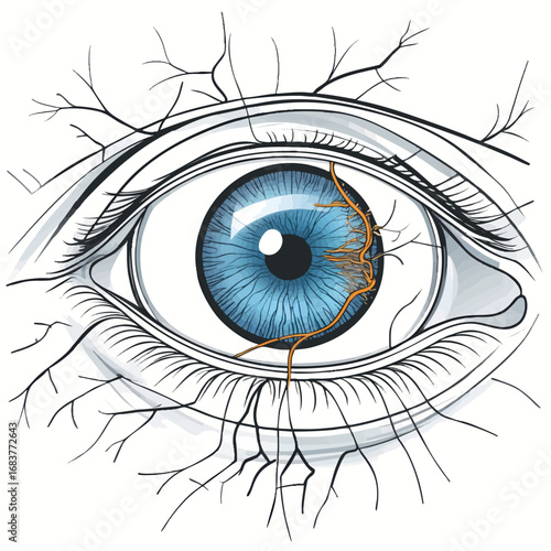 Glaucoma eye diagram outline vector. Optic nerve damage illustration in line style.