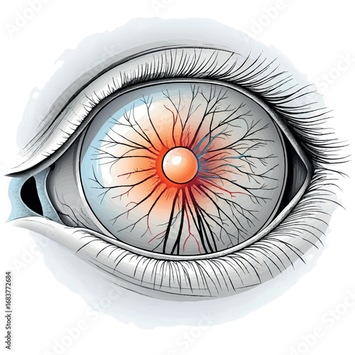 Glaucoma eye diagram outline vector. Optic nerve damage illustration in line style.