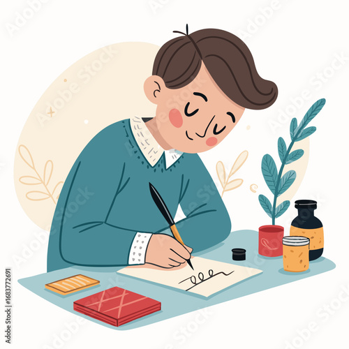 Young man writing a letter with a fountain pen at a desk.
