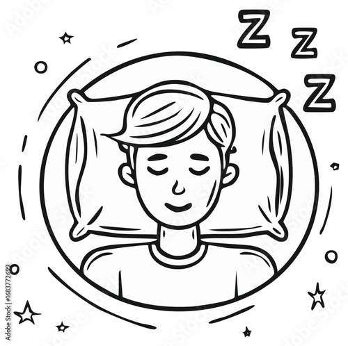 Sleeping man on pillow with Zzzs above head illustration