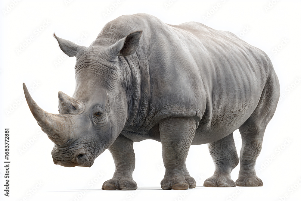 Obraz premium A majestic rhinoceros stands proudly, its horn prominent and its stance strong. This magnificent creature embodies the essence of the wild