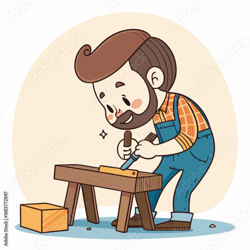 A bearded carpenter in a plaid shirt and overalls is working with a chisel on a wooden workpiece.