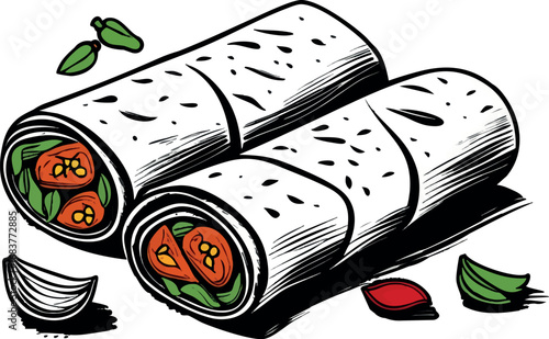 Kathi roll outline vector of spicy Indian street wrap with filling in line drawing