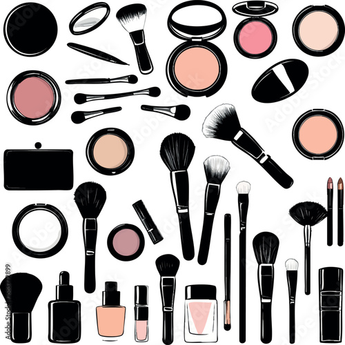 Makeup preparation outline vector. Beauty items arranged in minimalist linear design.