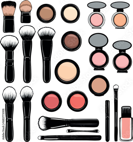 Makeup preparation outline vector. Beauty items arranged in minimalist linear design.